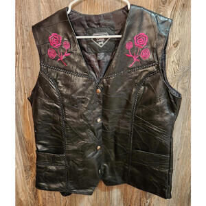 Diamond Plate Buffalo Leather Black Motorcycle Vest Rose Stitched Women's Sz 2XL